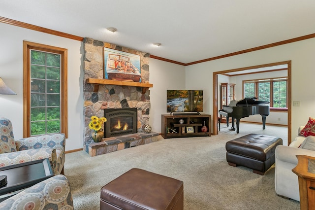 1561 Creek Run Trl, Chanhassen, MN 55331 - carpeted living area featuring ornamental molding and a stone fireplace