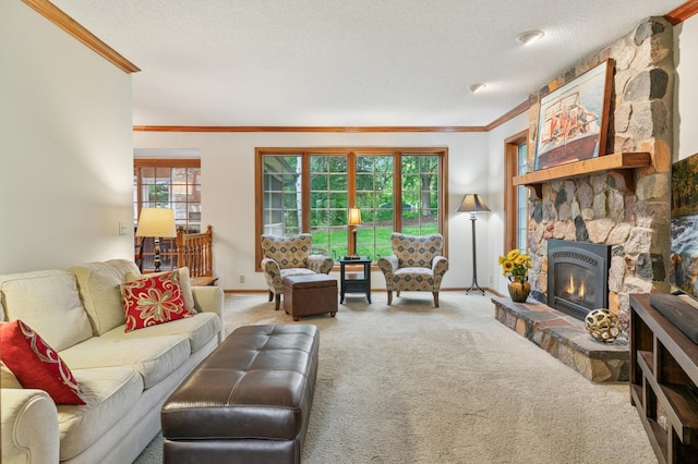 1561 Creek Run Trl, Chanhassen, MN 55331 - living room with ornamental molding, carpet floors, a stone fireplace, and a textured ceiling