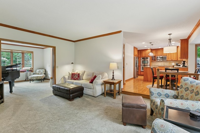 1561 Creek Run Trl, Chanhassen, MN 55331 - living room with crown molding, light colored carpet, and recessed lighting