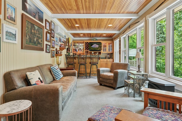 1561 Creek Run Trl, Chanhassen, MN 55331 - living area featuring wooden ceiling, light carpet, a dry bar, recessed lighting, and ornamental molding