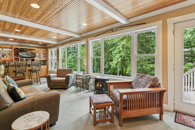 1561 Creek Run Trl, Chanhassen, MN 55331 - living area featuring a wood stove, wood ceiling, carpet floors, recessed lighting, and ornamental molding