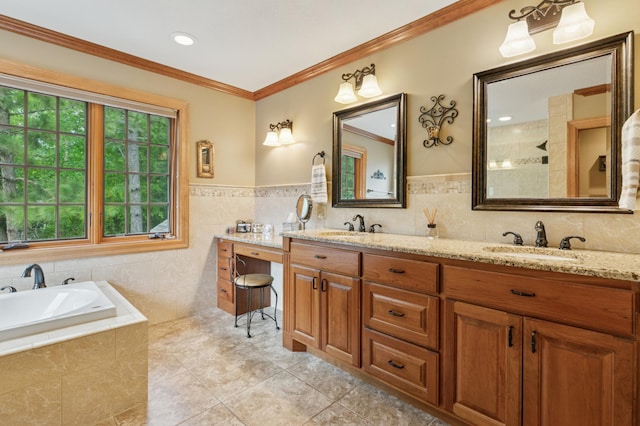 1561 Creek Run Trl, Chanhassen, MN 55331 - full bathroom featuring tile walls, tile patterned floors, double vanity, tiled bath, and ornamental molding