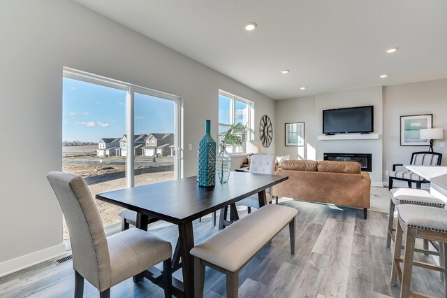 7869 Martin Ave NE, Otsego, MN 55330 - dining area with recessed lighting, light wood-type flooring, baseboards, and a glass covered fireplace