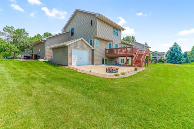 13589 Birch Rd, Rogers, MN 55374 - rear view of property featuring a wooden deck, a fire pit, a lawn, stairs, and a patio