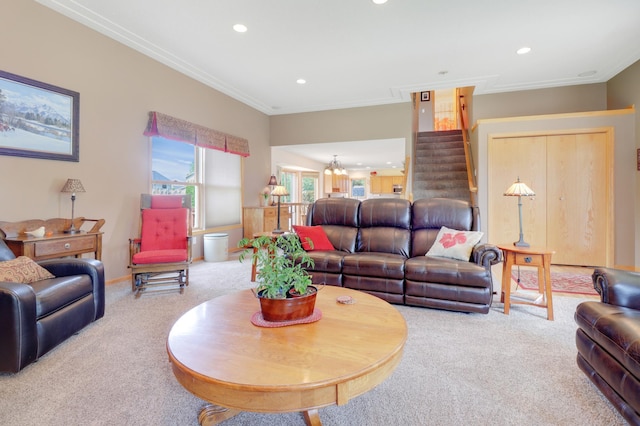 13589 Birch Rd, Rogers, MN 55374 - carpeted living room featuring recessed lighting, crown molding, and stairs