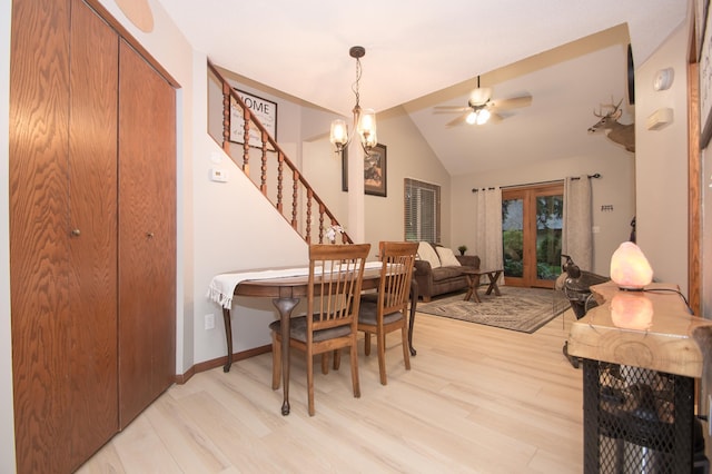 544 Auburn Pl NW Unit H, Elk River, MN 55330 - dining space featuring light wood-style floors, stairway, lofted ceiling, a ceiling fan, and french doors