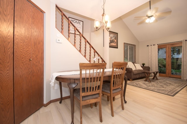 544 Auburn Pl NW Unit H, Elk River, MN 55330 - dining space featuring light wood-style flooring, vaulted ceiling, stairs, ceiling fan, and a chandelier