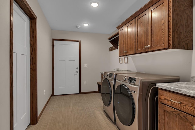 83 Meadow Ln, Cold Spring, MN 56320 - laundry area featuring cabinet space, washing machine and dryer, baseboards, light carpet, and recessed lighting
