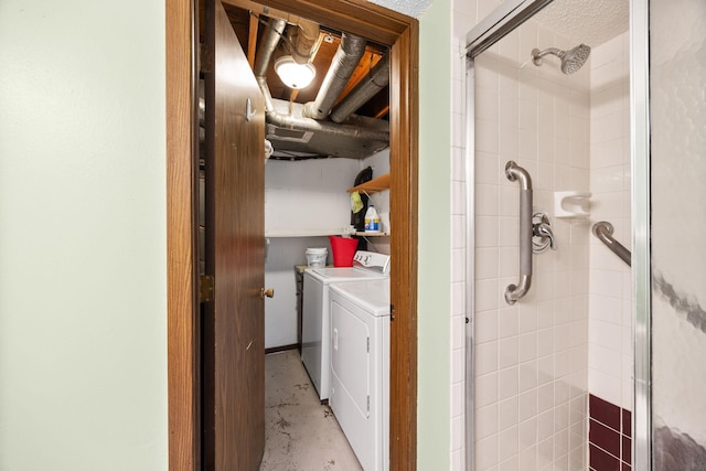 2304 Wildwood Trl, Minnetonka, MN 55305 - full bathroom with independent washer and dryer, a shower stall, and concrete floors