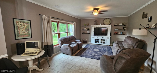 1470 Sims Rd NW, Oak Grove, MN 55011 - living room featuring ornamental molding, ceiling fan, light tile patterned floors, and a textured ceiling