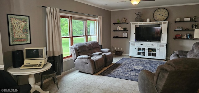 1470 Sims Rd NW, Oak Grove, MN 55011 - living area featuring a ceiling fan, plenty of natural light, ornamental molding, and tile patterned floors