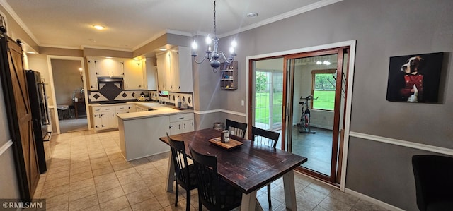 1470 Sims Rd NW, Oak Grove, MN 55011 - dining room featuring crown molding, light tile patterned floors, a chandelier, and a barn door