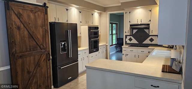 1470 Sims Rd NW, Oak Grove, MN 55011 - kitchen featuring black appliances, crown molding, tasteful backsplash, a peninsula, and light countertops