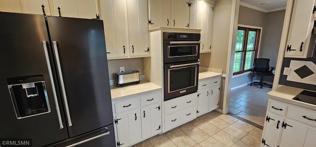 1470 Sims Rd NW, Oak Grove, MN 55011 - kitchen featuring refrigerator with ice dispenser, crown molding, light countertops, light tile patterned flooring, and white cabinetry