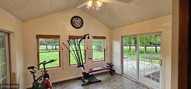 1470 Sims Rd NW, Oak Grove, MN 55011 - workout area with vaulted ceiling, a ceiling fan, healthy amount of natural light, and wooden walls