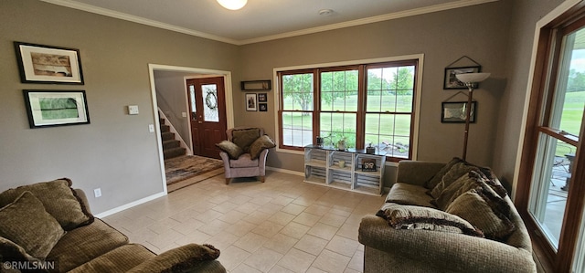 1470 Sims Rd NW, Oak Grove, MN 55011 - living area with crown molding, stairs, and light tile patterned flooring