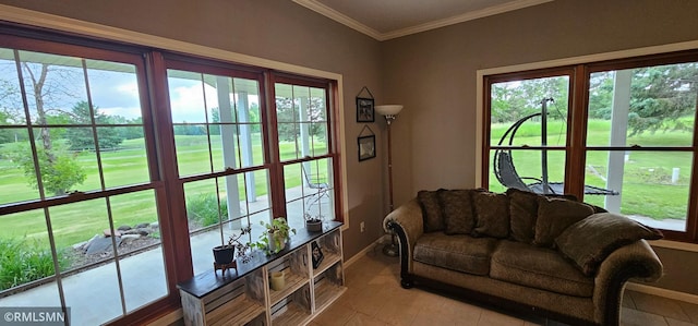 1470 Sims Rd NW, Oak Grove, MN 55011 - living area featuring healthy amount of natural light, crown molding, light tile patterned floors, and view of golf course