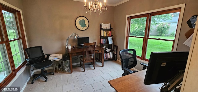 1470 Sims Rd NW, Oak Grove, MN 55011 - tiled office space with ornamental molding, a chandelier, and plenty of natural light