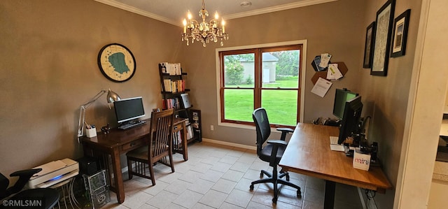1470 Sims Rd NW, Oak Grove, MN 55011 - home office with light tile patterned floors, a chandelier, and ornamental molding