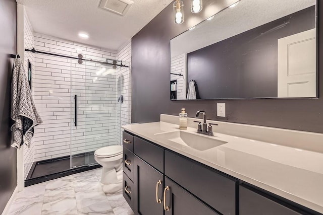5112 Willow Ln, Minnetonka, MN 55345 - full bath featuring marble look tile flooring, a stall shower, vanity, and a textured ceiling