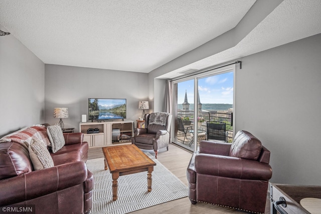 26 10th St W Unit 1409, Saint Paul, MN 55102 - living room featuring light wood finished floors and a textured ceiling