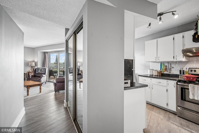 26 10th St W Unit 1409, Saint Paul, MN 55102 - kitchen with electric stove, a textured ceiling, dark countertops, tasteful backsplash, and light wood-style flooring