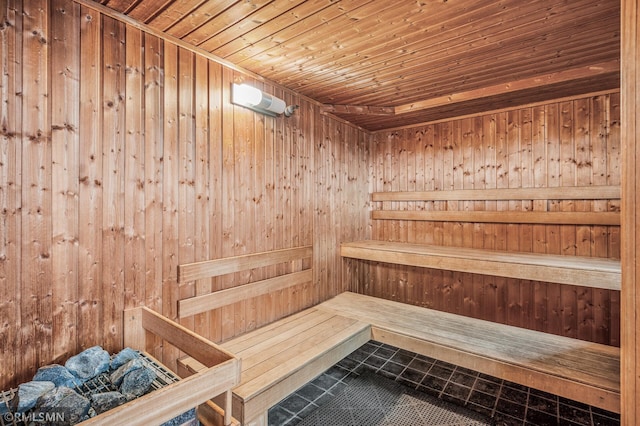 26 10th St W Unit 1409, Saint Paul, MN 55102 - relaxing sauna / steam room featuring tile patterned floors, wood walls, and wooden ceiling