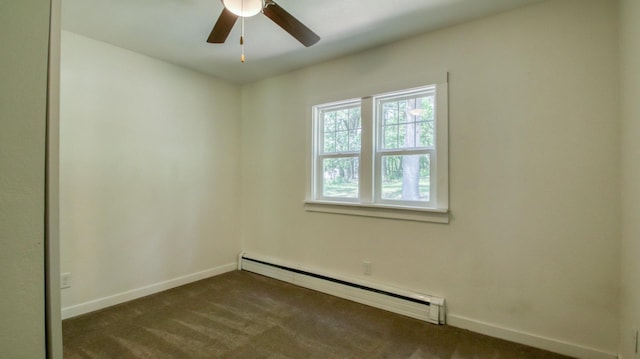 603 15th St SE, Menomonie, WI 54751 - spare room featuring baseboard heating, dark carpet, baseboards, and ceiling fan