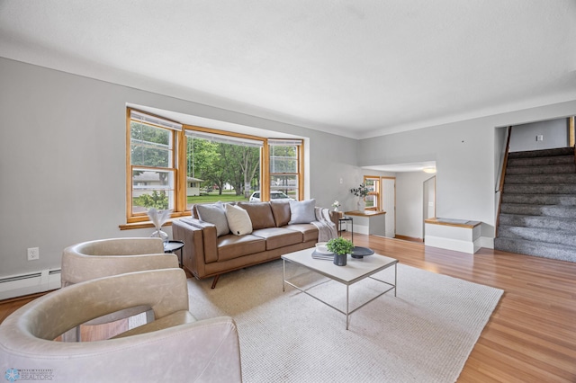 2702 2nd St N, Fargo, ND 58102 - living room featuring wood finished floors, stairs, and a baseboard heating unit