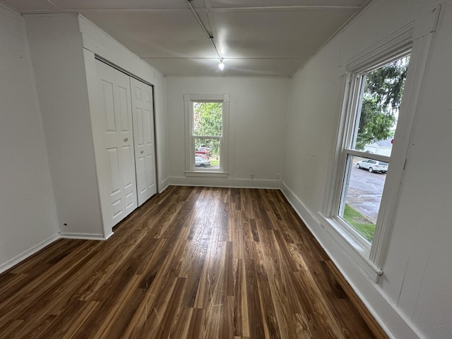 501 River St, Colfax, WI 54730 - unfurnished bedroom with dark wood-type flooring, baseboards, and a closet