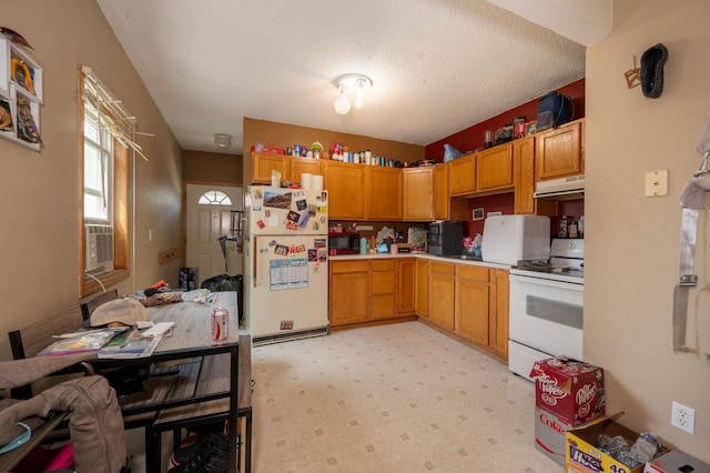 11 1st St, Nashwauk, MN 55769 - kitchen with white appliances, under cabinet range hood, light countertops, and cooling unit