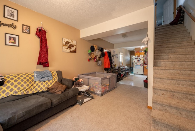 11 1st St, Nashwauk, MN 55769 - living room with stairway, carpet floors, and a textured ceiling