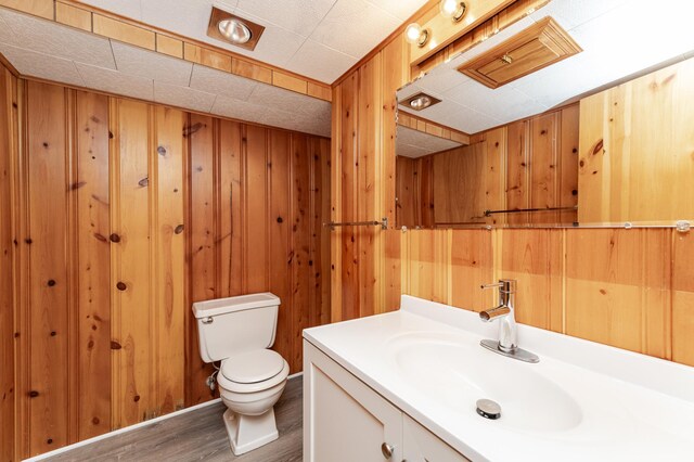 912 11 1/2 St SW, Rochester, MN 55902 - bathroom featuring vanity, wood finished floors, and wooden walls