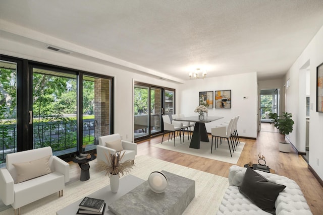 6417 Colony Way Unit 2A, Edina, MN 55435 - living room featuring a chandelier, light wood-style floors, a textured ceiling, and baseboards