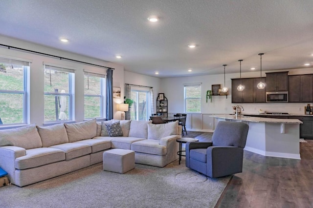 882 Redmond Dr, Carver, MN 55315 - living area featuring dark wood-type flooring, a textured ceiling, recessed lighting, and baseboards