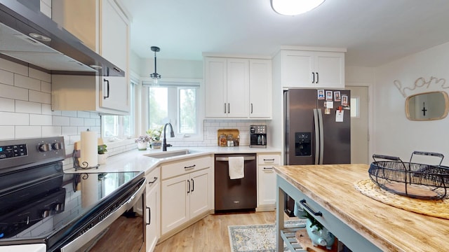401 5th St NE, Barnesville, MN 56514 - kitchen with stainless steel appliances, extractor fan, a sink, light wood-style flooring, and light countertops