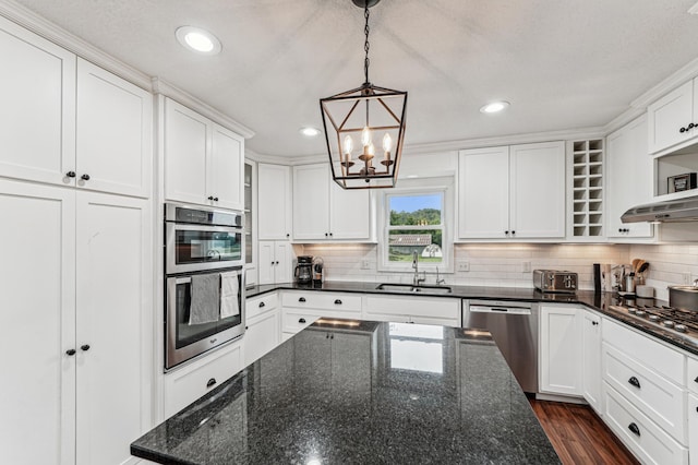 18160 Echo Ave, Faribault, MN 55021 - kitchen with stainless steel appliances, open shelves, a chandelier, white cabinets, and recessed lighting