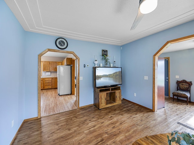 45 Oak Ave S, Maple Lake, MN 55358 - living area featuring arched walkways, light wood-type flooring, and a ceiling fan