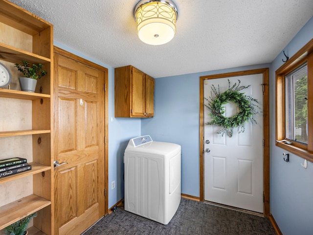 45 Oak Ave S, Maple Lake, MN 55358 - laundry area with washer / clothes dryer, cabinet space, a textured ceiling, and dark colored carpet