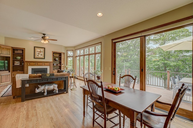 1994 80th St, Somerset, WI 54025 - dining room with a ceiling fan, light wood-type flooring, a fireplace, and recessed lighting