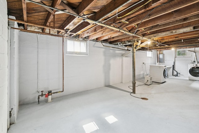 228 Sidney St W, Saint Paul, MN 55107 - basement featuring washing machine and clothes dryer, electric panel, and plenty of natural light