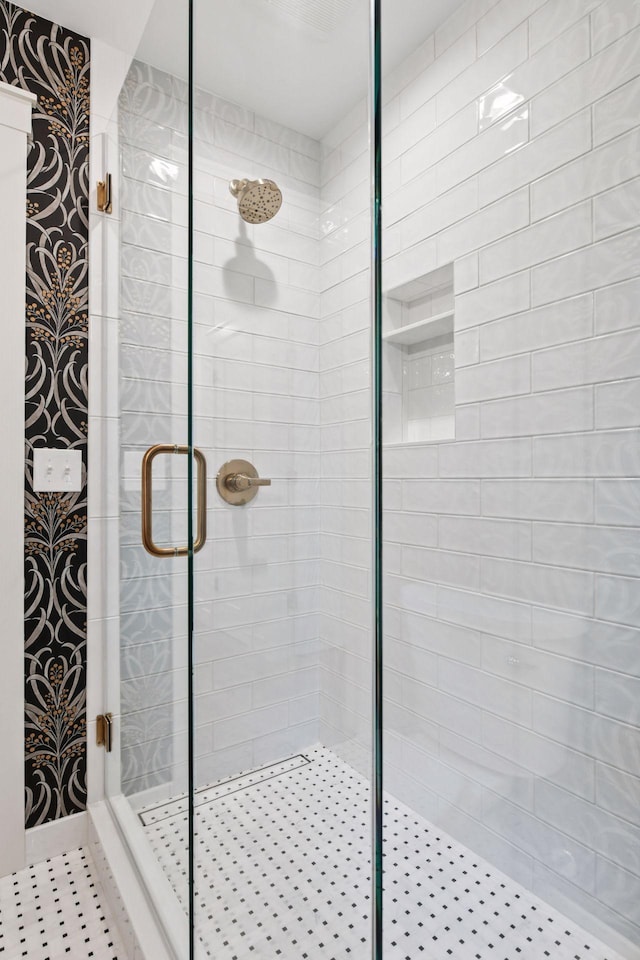 3930 Cottage Ln, Minnetonka, MN 55305 - bathroom featuring a shower stall and tile patterned floors