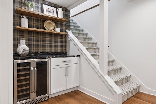 3930 Cottage Ln, Minnetonka, MN 55305 - indoor dry bar with beverage cooler, wood finished floors, and stairs