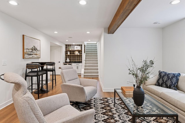3930 Cottage Ln, Minnetonka, MN 55305 - living room featuring recessed lighting, light wood-style floors, stairway, and beam ceiling