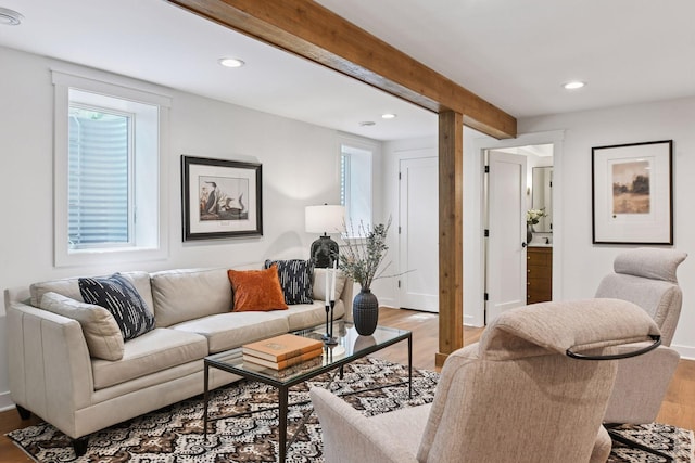 3930 Cottage Ln, Minnetonka, MN 55305 - living area featuring beamed ceiling, recessed lighting, and light wood-type flooring