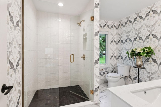 3930 Cottage Ln, Minnetonka, MN 55305 - bathroom featuring a shower stall, vanity, and marble finish flooring