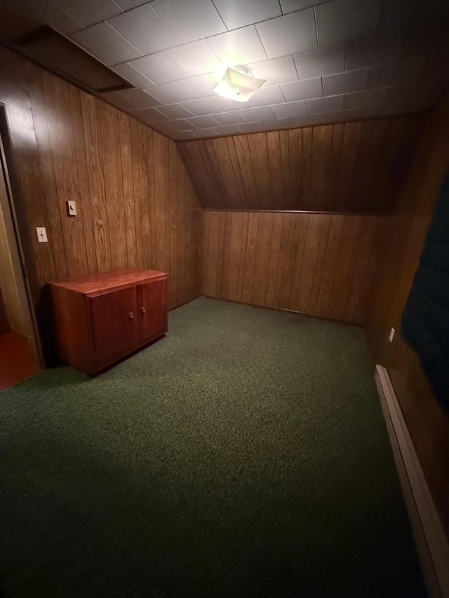 306 1st St, Belview, MN 56214 - additional living space with wood walls, carpet floors, a baseboard radiator, and lofted ceiling
