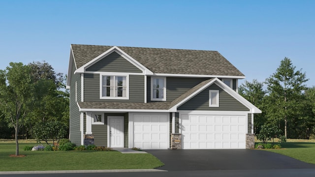 3908 Helmo Ave N, Oakdale, MN 55128 - traditional home with roof with shingles, asphalt driveway, a front lawn, and stone siding