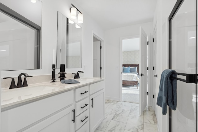 3908 Helmo Ave N, Oakdale, MN 55128 - ensuite bathroom with double vanity, marble look tile flooring, and a stall shower