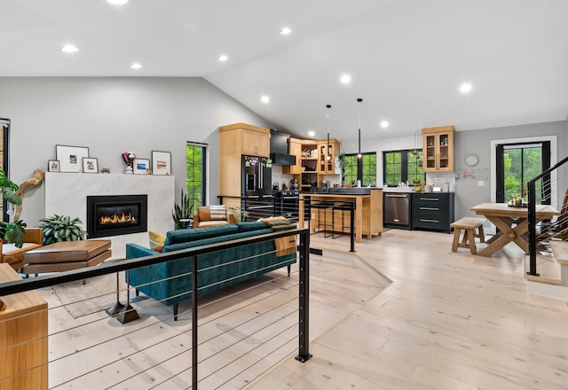6855 Timber Crest Dr, Maple Grove, MN 55311 - living room featuring a premium fireplace, recessed lighting, light wood-type flooring, and high vaulted ceiling